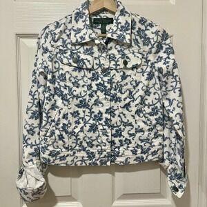 LRL Lauren Jeans Co Long Sleeve Button Floral Scroll White Blue Denim Jacket XS